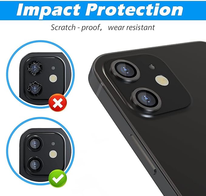iPhone 11 / 11 Pro / 11 Pro Max / 12/12 Pro / 12Mini -9H Hardness HD Tempered Camera Protector Glass, Screen Protector High Definition Anti-Scratch Full Coverage Camera Metal Ring Set- 3
