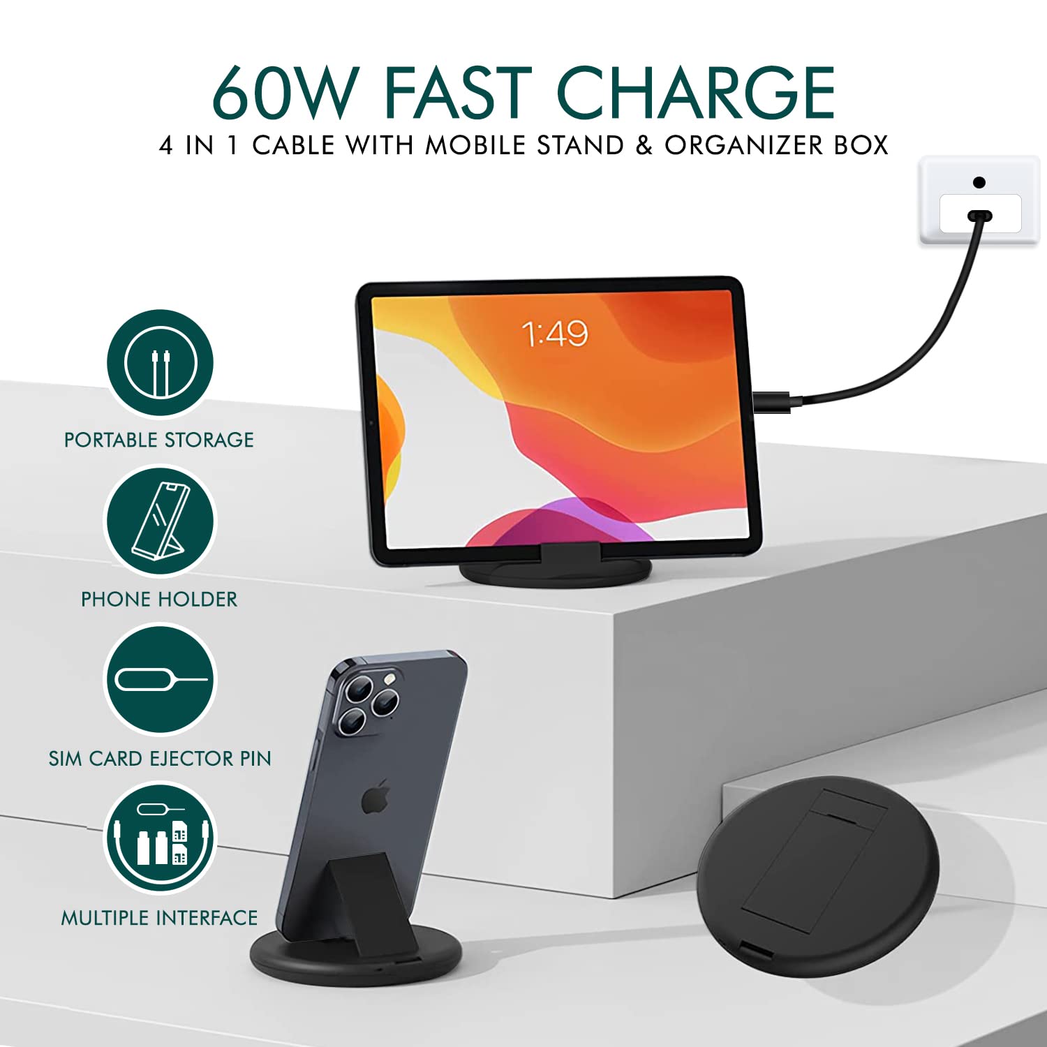 All In One 60W USB Fast Charging Travel Cable Set Type C, Lightening and Micro USB Port Inbuilt Mobile Stand Compatible with iPhone, iPad,Samsung,OnePlus, Mi,Oppo,Vivo,iQOO (All in 1, Black)