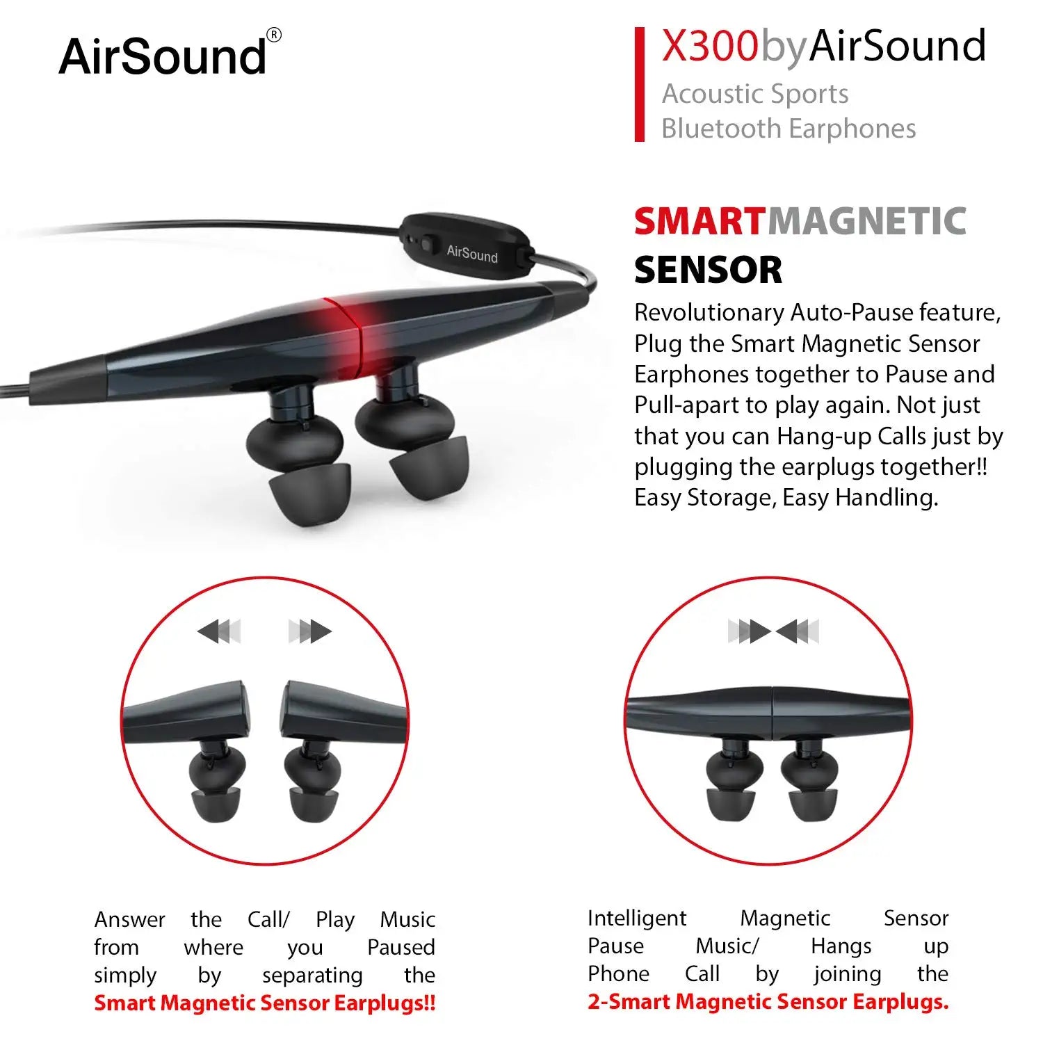 AirSound X300 Wireless Bluetooth in-Ear Headphones, Magnetic-Auto Pause/Auto-Play, HD Stereo & Mic