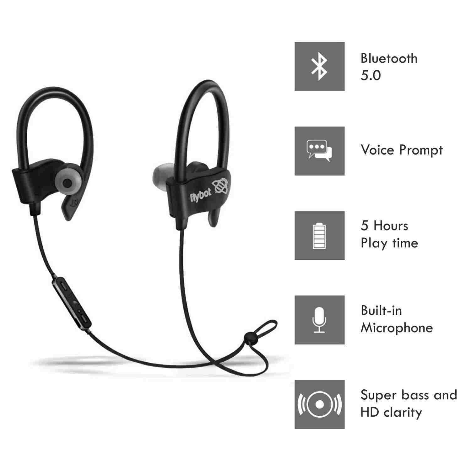 Flybot Wave in-Ear Sport Wireless Bluetooth Earphone with Mic and IPX4 Sweatproof - (Black) - A - onBeli